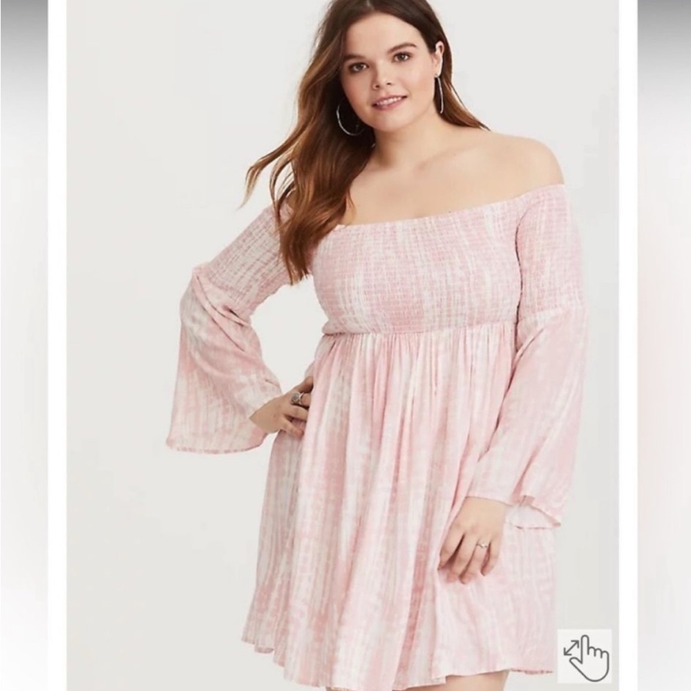 Torrid Mini Dress Size 4 Pink Plus Tie Dye Off the Shoulder Smocked Bell Sleeves